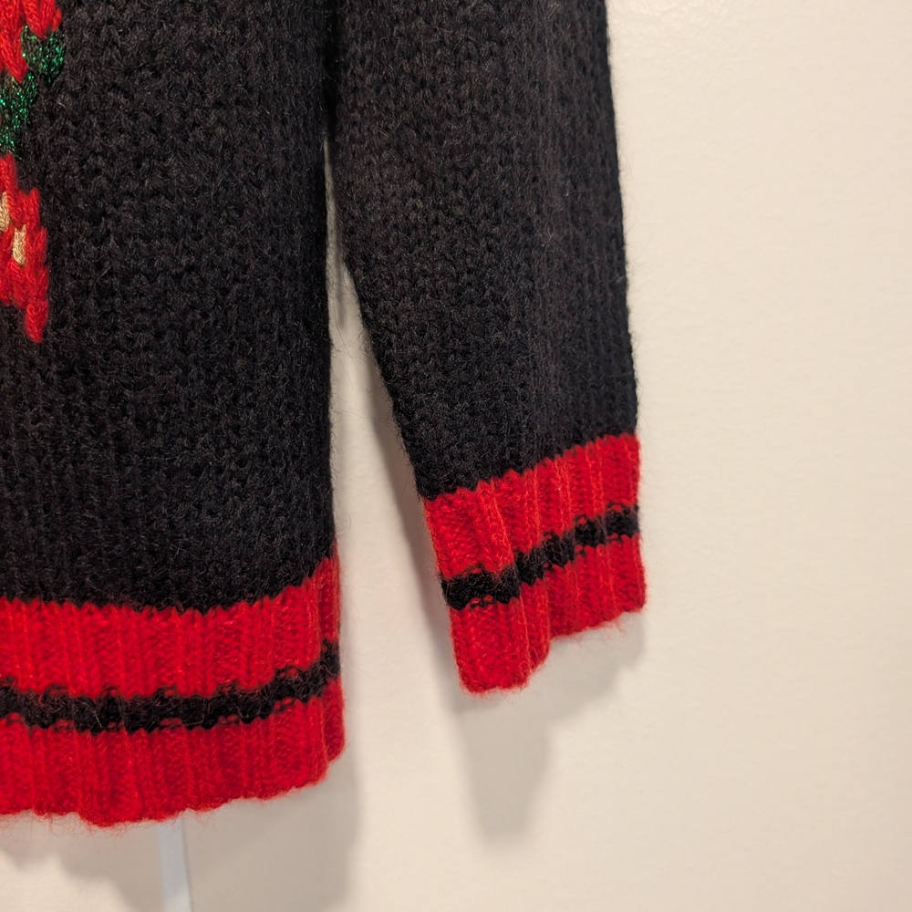 RHAPSODY Women's Black Knit Crewneck Sweater with Red Floral Intarsia Design - Picture 4 of 7